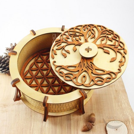 Boîte ronde de rechargement de pierres arbre de vie et fleur de vie Boîte ronde de rechargement de pierres arbre de vie et fleur de vie