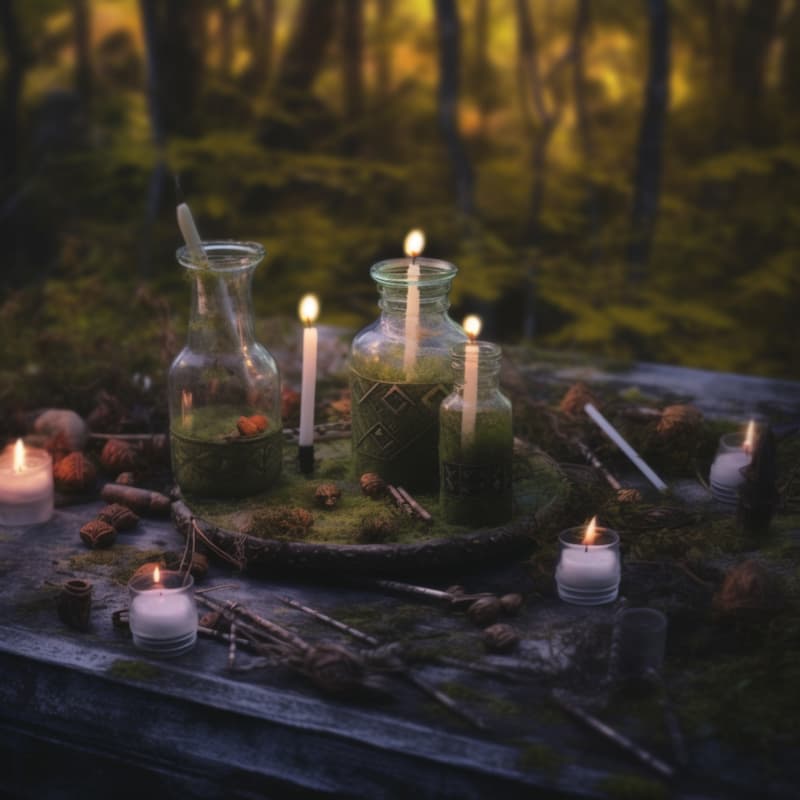 Des bougies dans des bocaux sur une table pour un rituel en extérieur