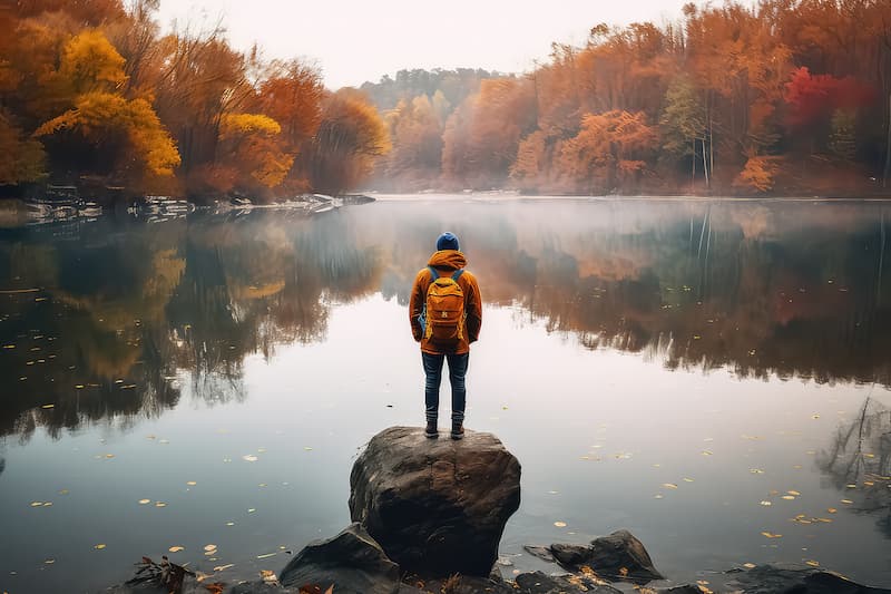Un randonneur seul au bout du monde dans la nature au bord d'un lac