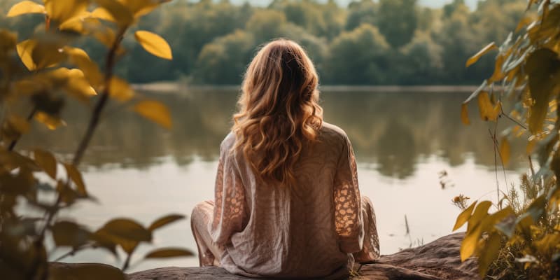Une femme médite en pleine nature au bord d'un lac