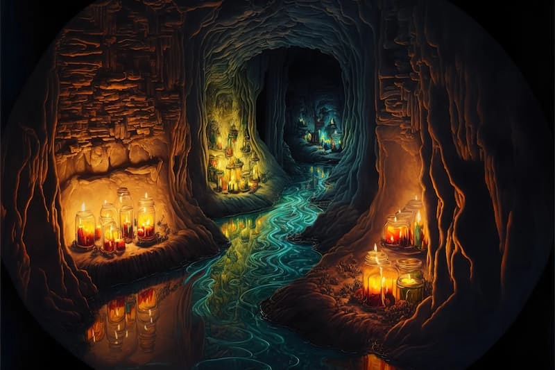 Chemin mystérieux et ésotérique dans une caverne magique avec des bougies