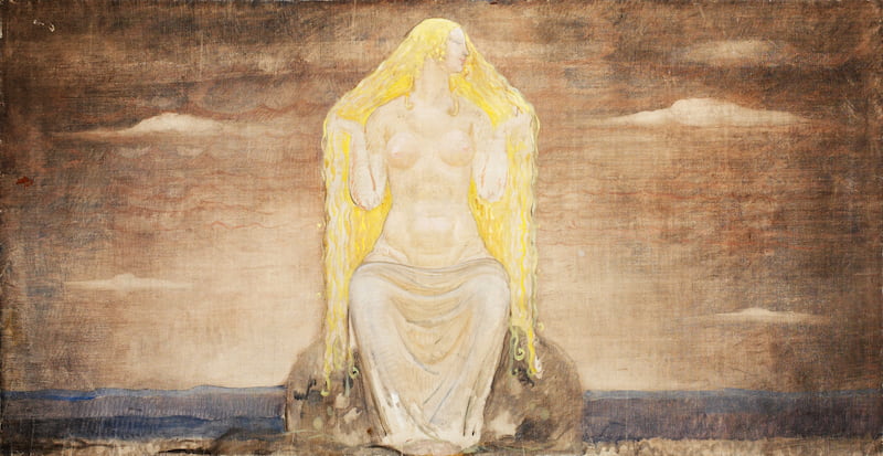 Déesse Freyja fille du dieu Nordur, sortant de la mer avec sa longue chevelure dorée