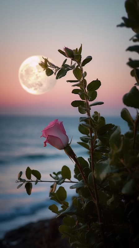 Une rose u bord de la plage avec la pleine lune au dessus de la mer