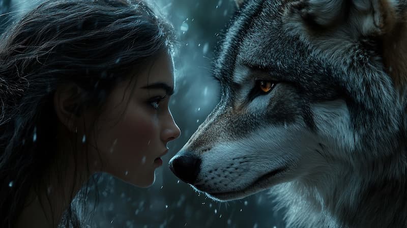 Pleine lune du loup en janvier 2025 avec une femme chamane et un loup