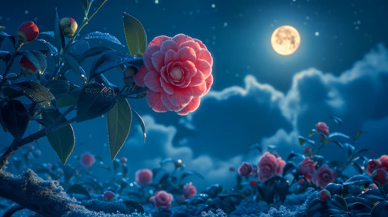 Pleine lune dans une nuit magique avec une fleur rose