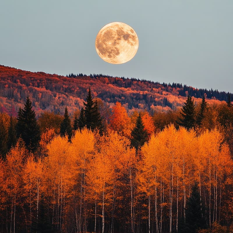 Pleine lune du mois d'octobre 2024 dans le ciel au dessus feuilles oranges et les arbres de l'automne