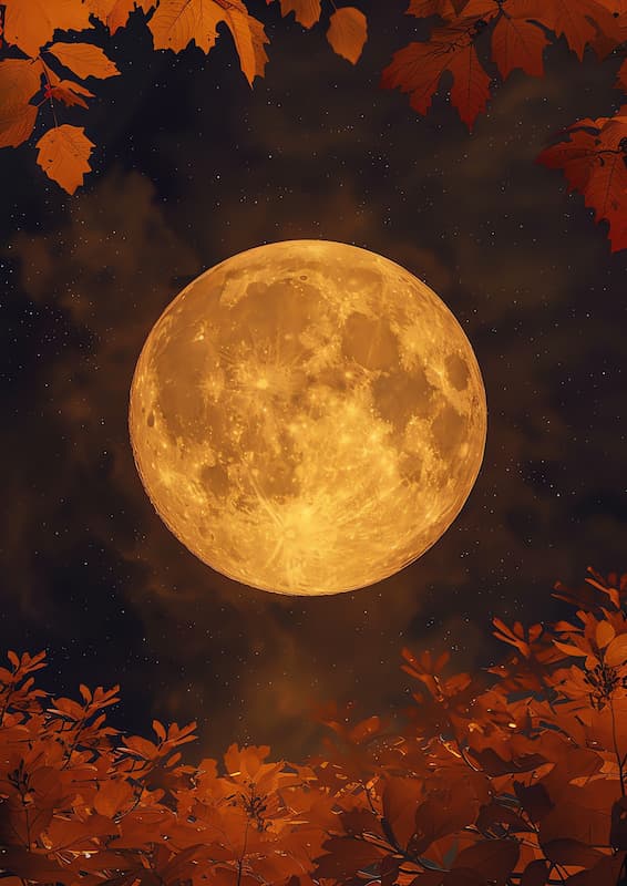 Pleine lune du mois d'octobre 2024 derrière les feuilles oranges de l'automne