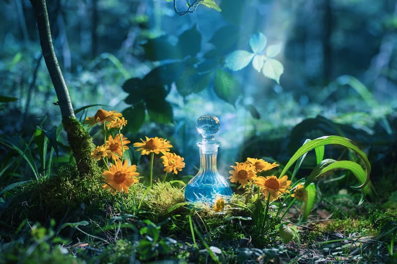 Flacon de potion magique dans la nature entour de fleurs