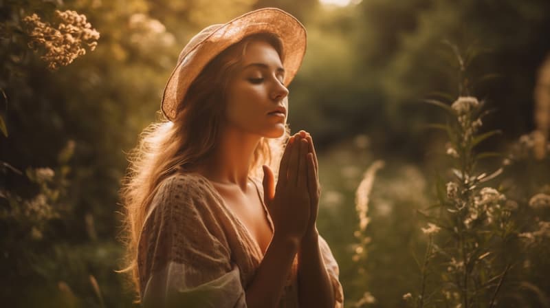 Une femme en nature avec les mains jointes en prière