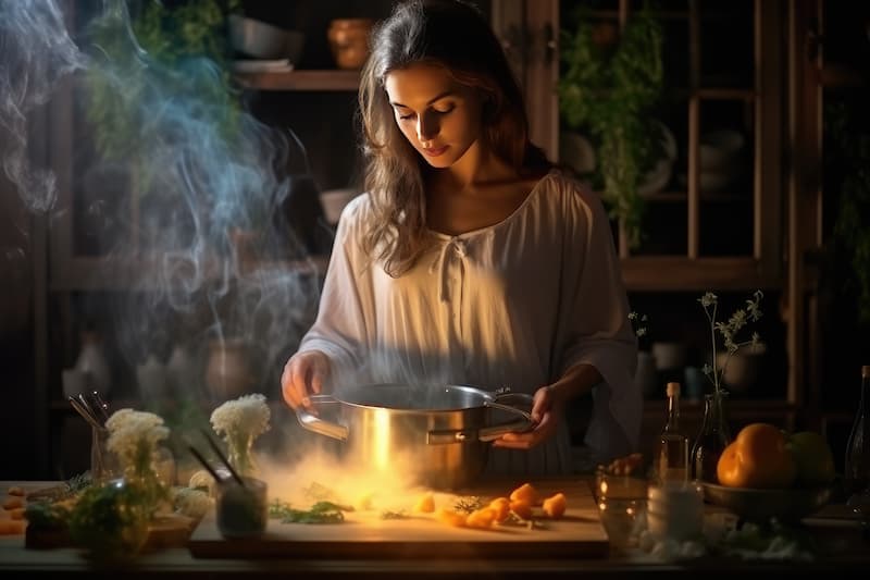 Kitchen witch une sorcière en cuisine qui fait de la magie des fourneaux