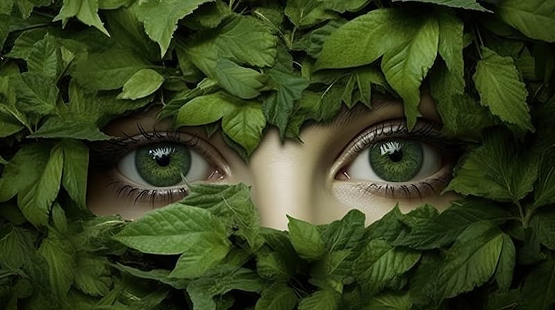 Des yeux dans les feuilles symboles de l'intégrité, de la conscience et du respect de l'environnement et d'autrui