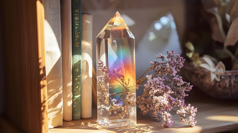 Une pointe de quartz sur une étagère avec un reflet de couleur arc-en-ciel