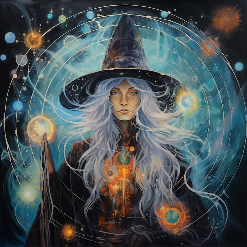 Un sorcière avec un chapeau pointu et des énergies autour d'elle symbolisant son pouvoir personnel et ses connaissances en sorcellerie