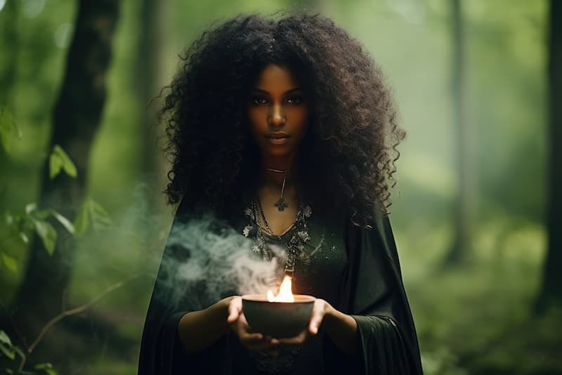 Une sorcière tient une bougie pour son rituel dans la forêt