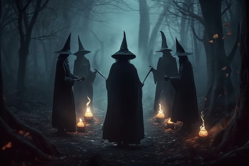 Des sorcières en robes noires en cercle dans une forêt sombre