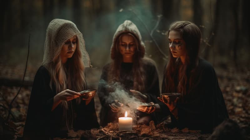 Coven de sorcières éclectiques faisant un rituel dans une forêt