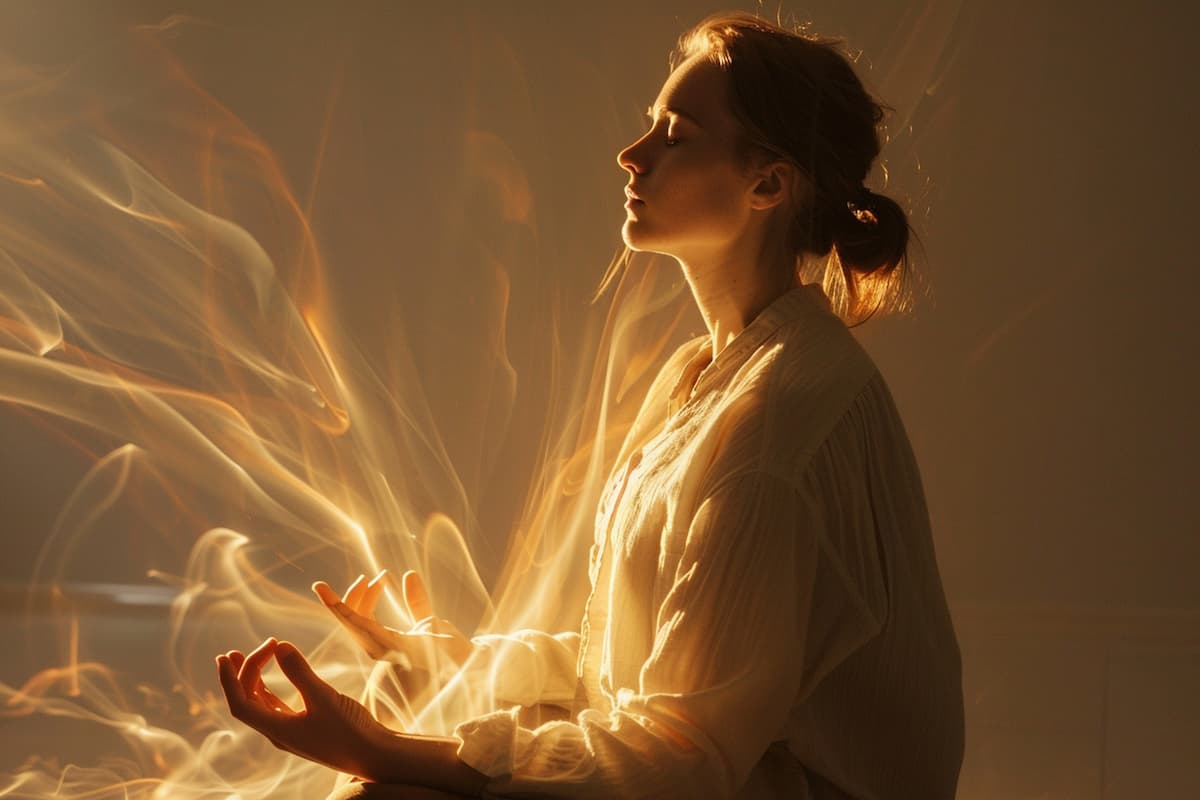 Une femme vivant l'éveil spirituel dans une position de méditation entourée de lumière
