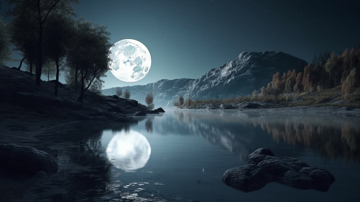 Pleine lune de Neige du mois de février 2024 dans un paysage fantastique au dessus d'un lac