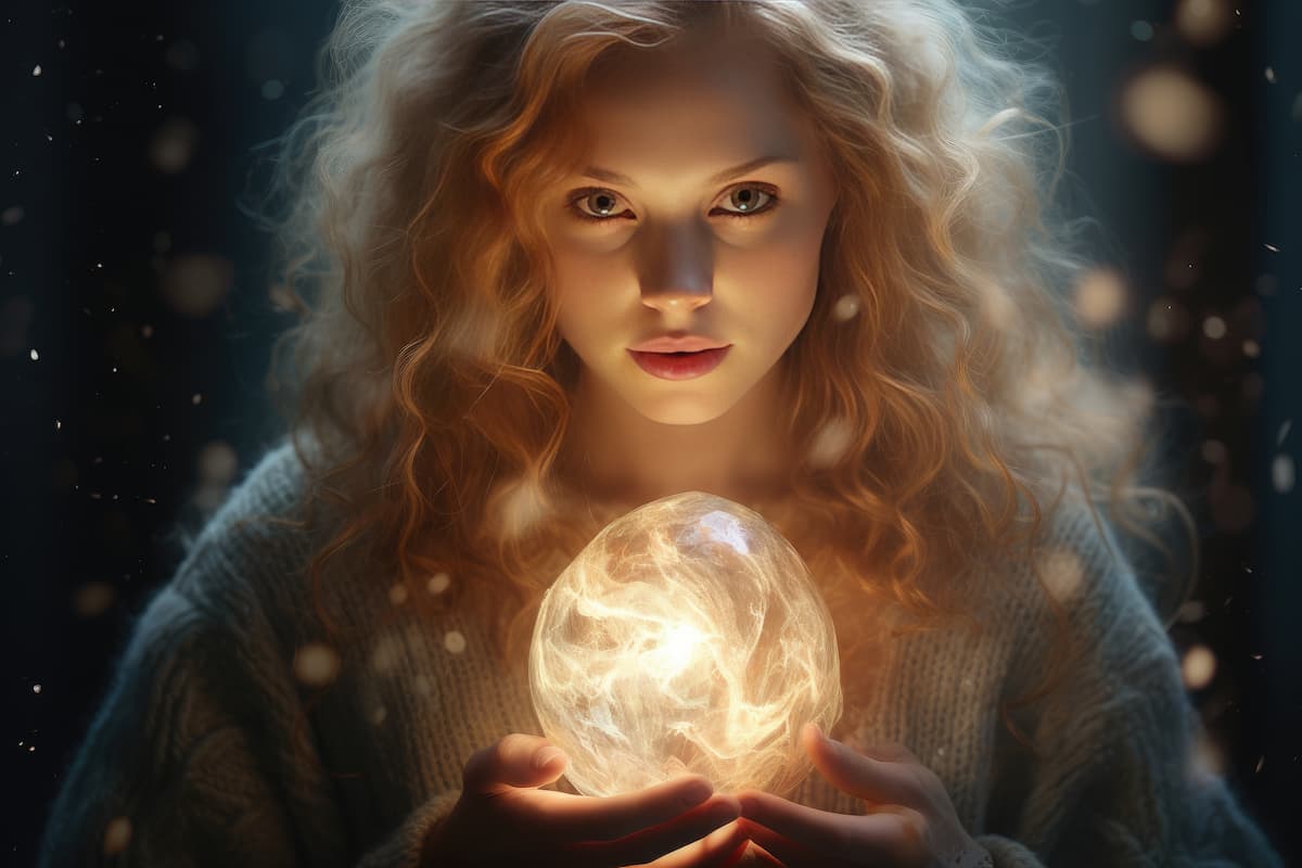 Une sorcière fait de la magie blanche avec une boule d'énergie dans ses mains