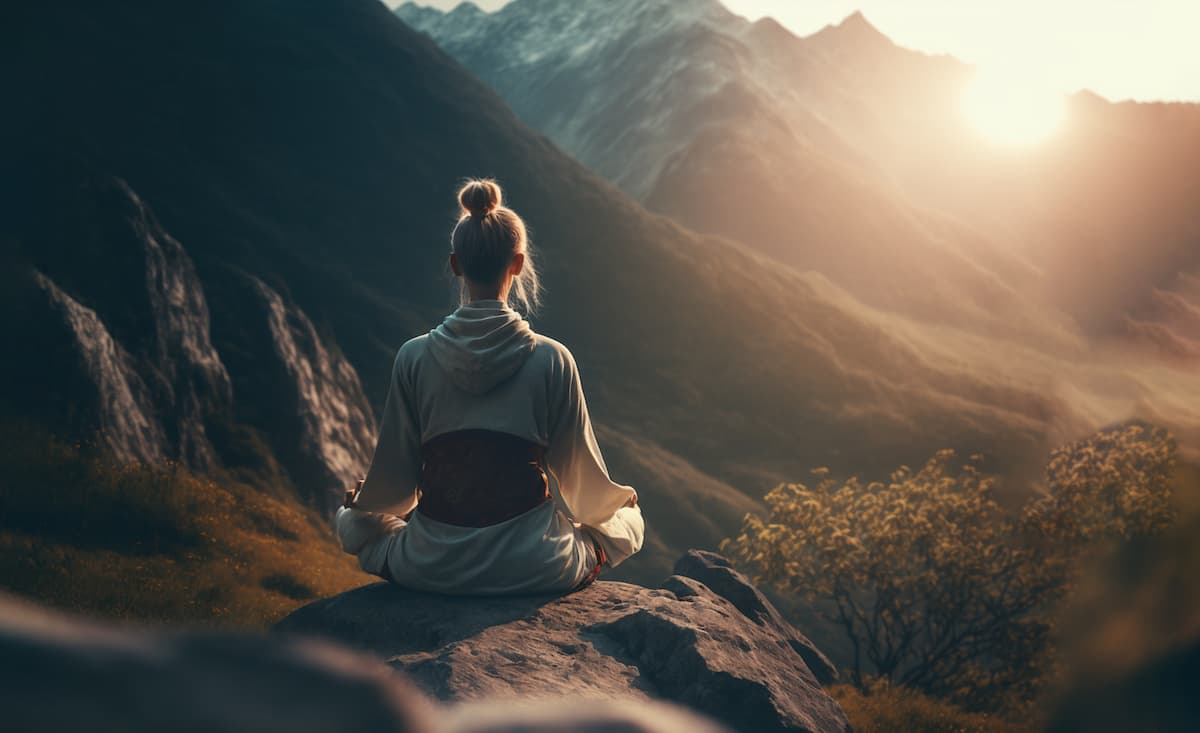 Femme motivée dans sa pratique spirituelle en position de méditation dans les montagnes